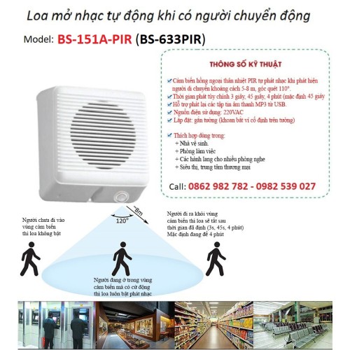 Loa phát nhạc tự động khi có người BS-151A-PIR (quảng cáo, siêu thị, thư giãn, giải trí)